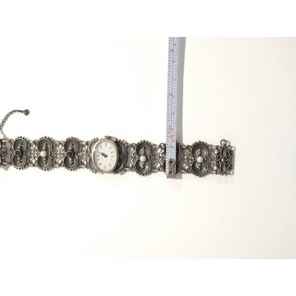 Antique Women`s Wrist Watch Bergland Filigree Sterling Silver Pearls Garnets - Picture 9 of 16